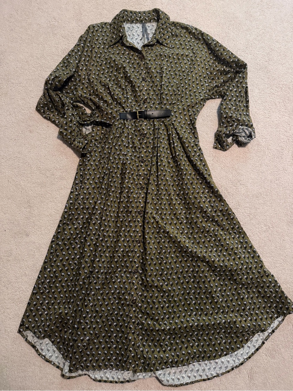 Anthropologie Olive Green Corduroy Patterned Shirt Dress